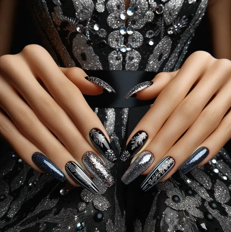 Uñas para vestido Negro con Plateado